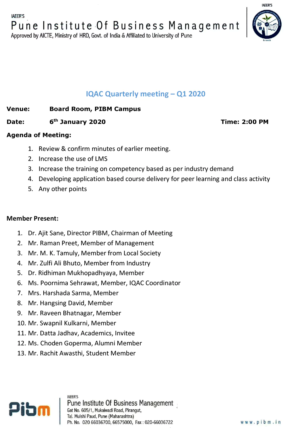 IQAC Quarterly meeting - 6th January 2020